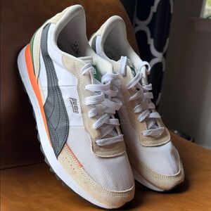 Puma Men’s White, Beige & Gray Retro Runner Sneakers with Orange Accent